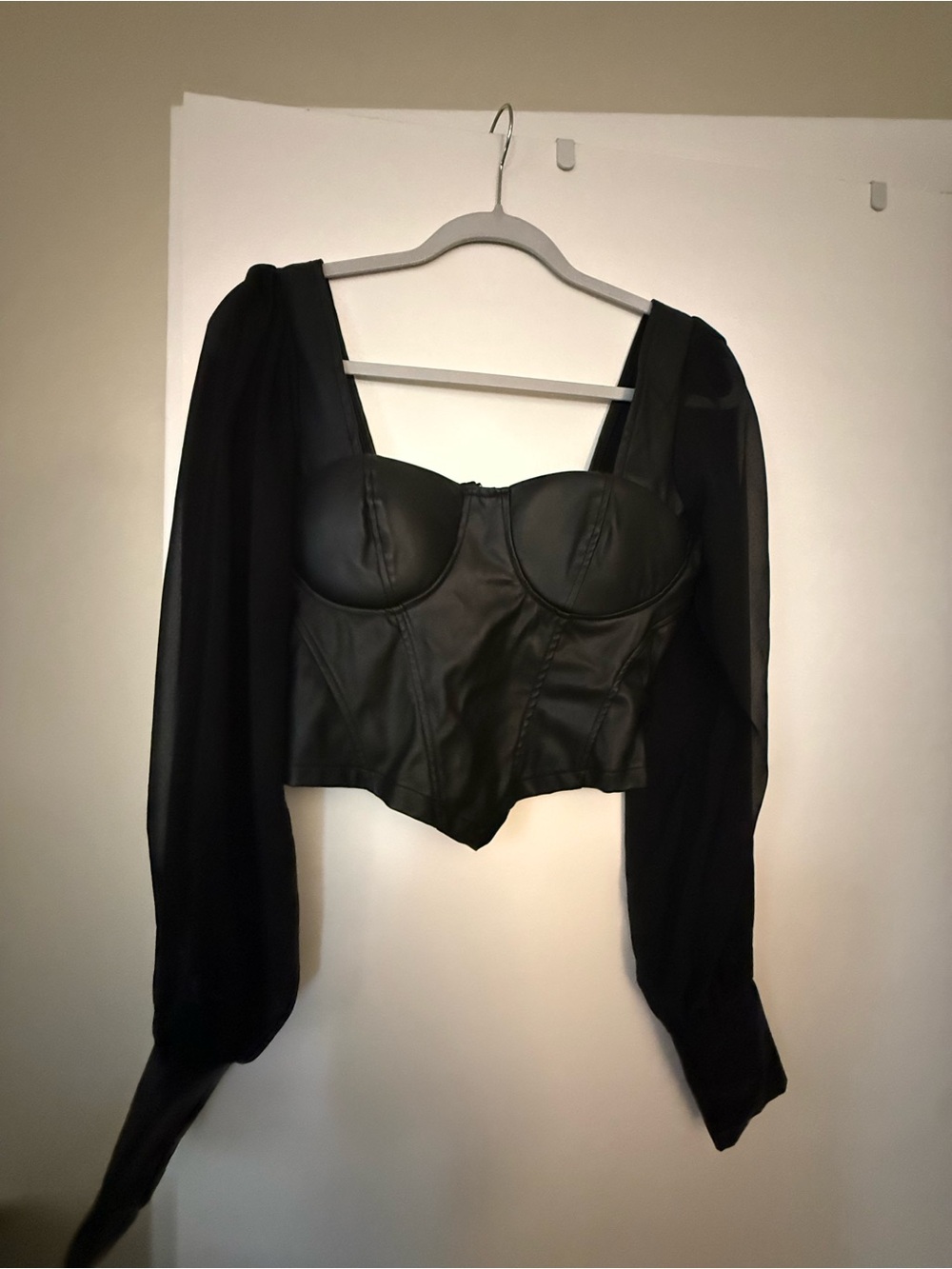 Parisian Works Black Faux-Leather Bustier Crop Top with Sheer Sleeves